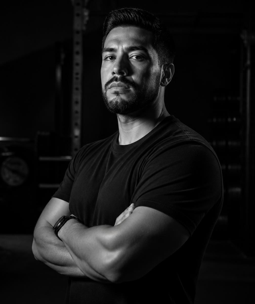 Retrato en blanco y negro de Chino Díaz en el gimnasio